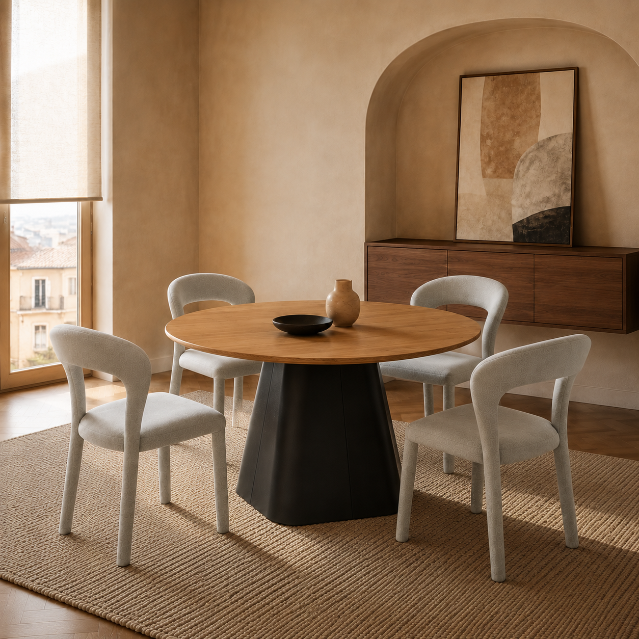 Comedor con Mesa Concud redonda de tapa símil madera y base negra, integrada a un espacio contemporáneo.