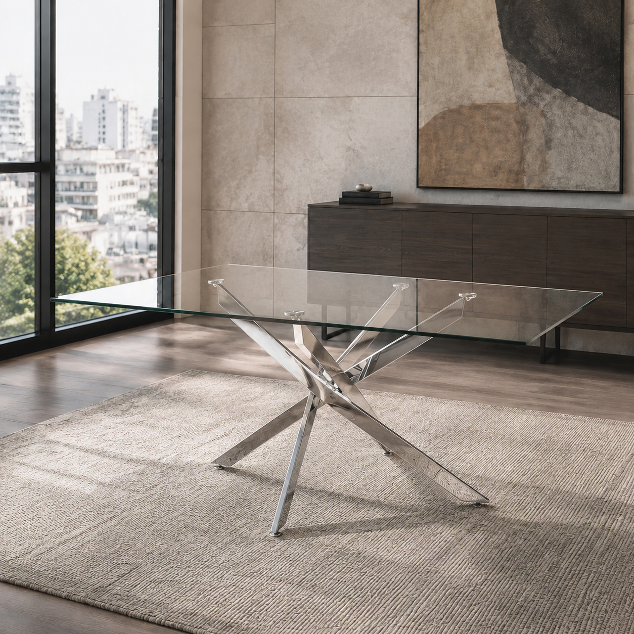 Mesa Muna Base Cromo de diseño minimalista sobre alfombra clara en espacio contemporáneo.