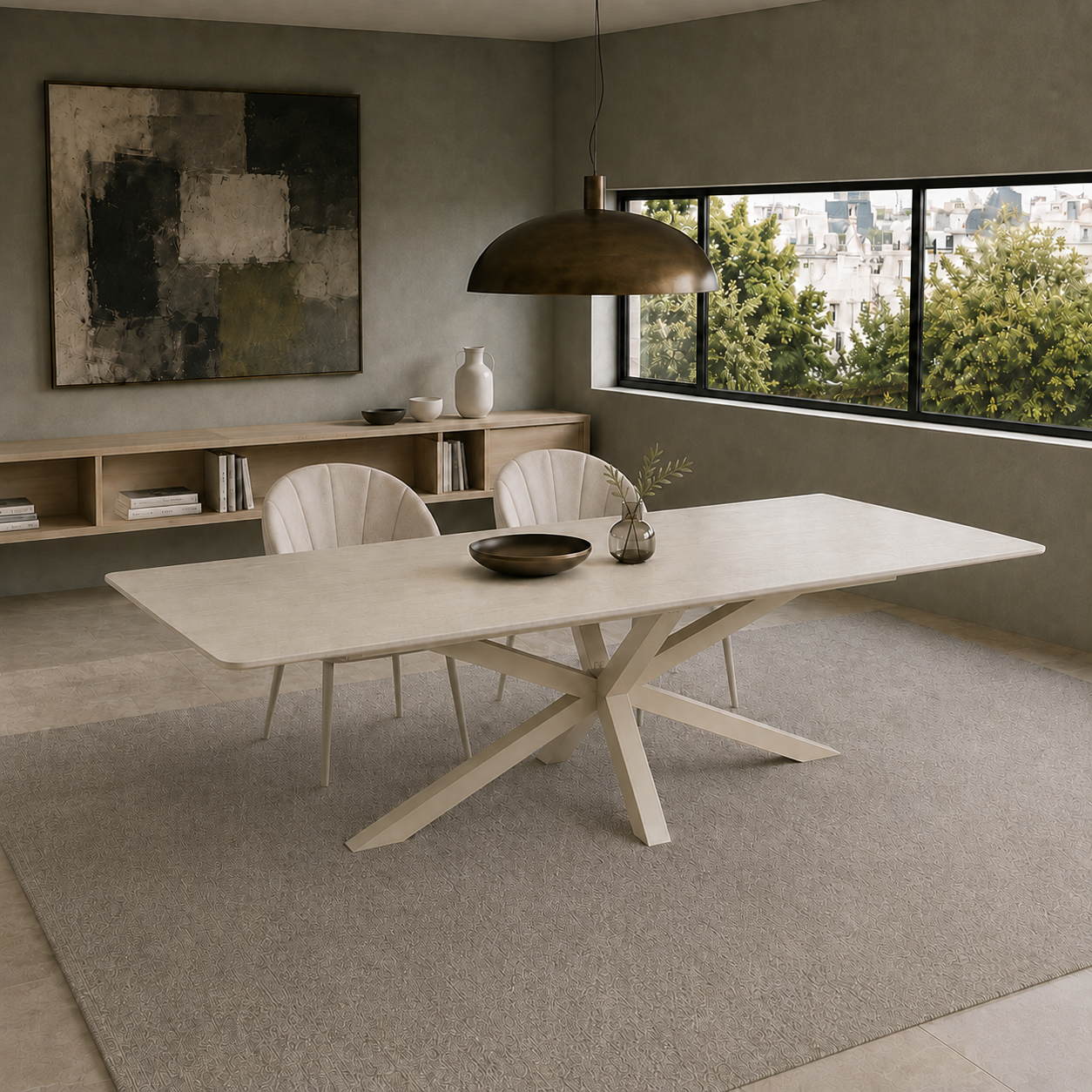 Perspectiva lateral de la mesa Turín con base capuccino y tapa de alta resistencia en Neo Travertino.