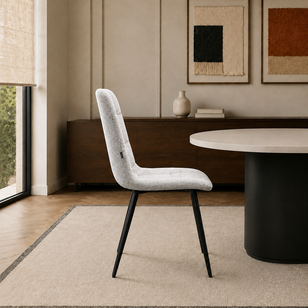 Silla Victoria Chenille Gris Claro Base Negra