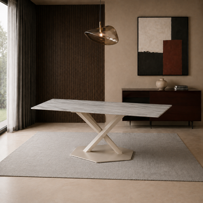 Mesa de comedor Cross de 160 cm con tapa travertino y base metálica capuccino en vista frontal completa.