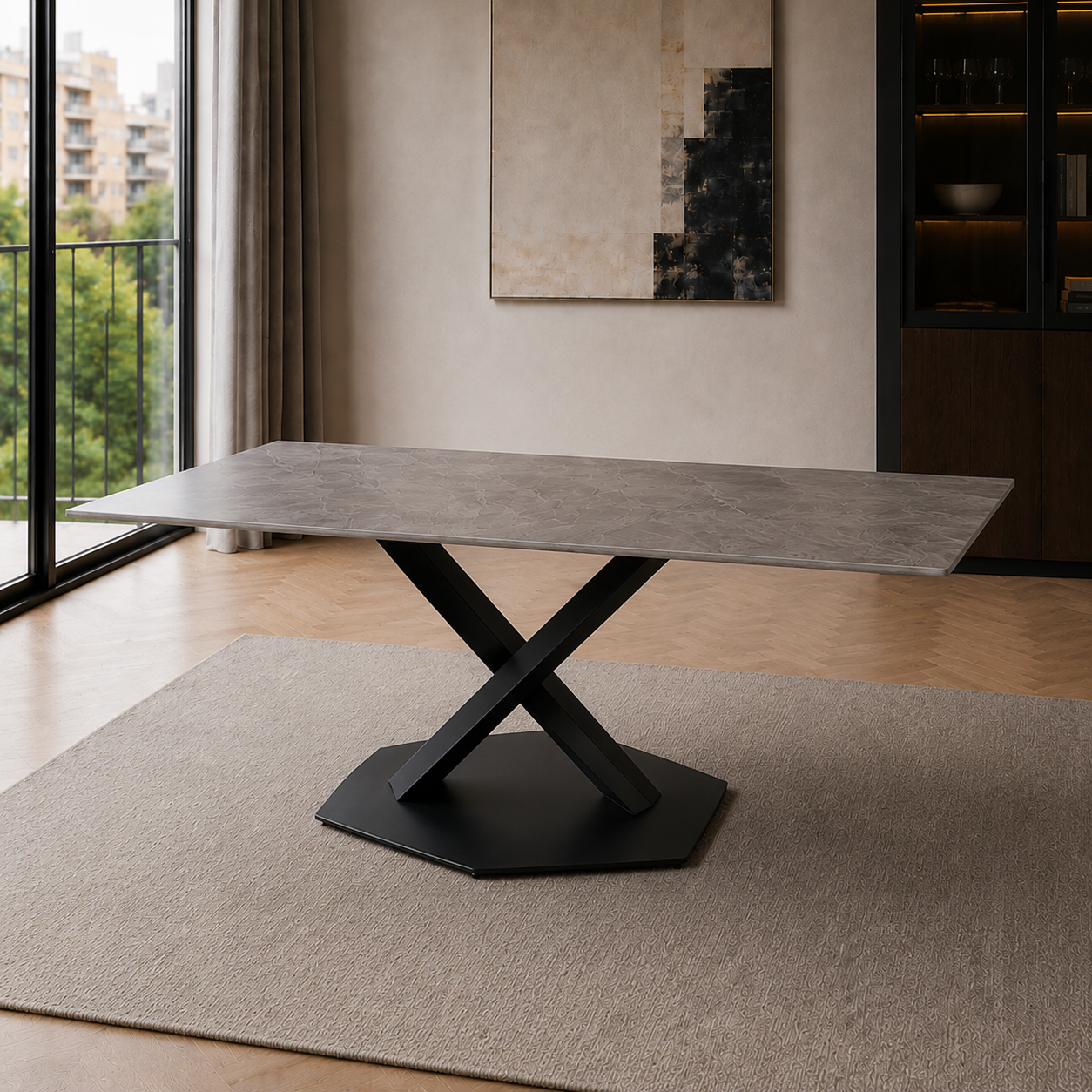 Vista en perspectiva de la mesa Cross de 160 cm de largo con tapa de mármol gris y base arquitectónica negra.