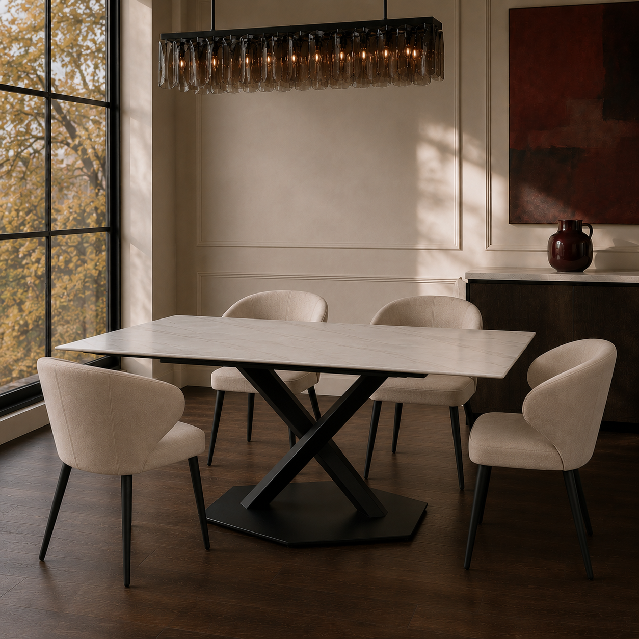 Comedor moderno con la Mesa Cross Statuario y sillas beige, vista lateral en un ambiente iluminado.