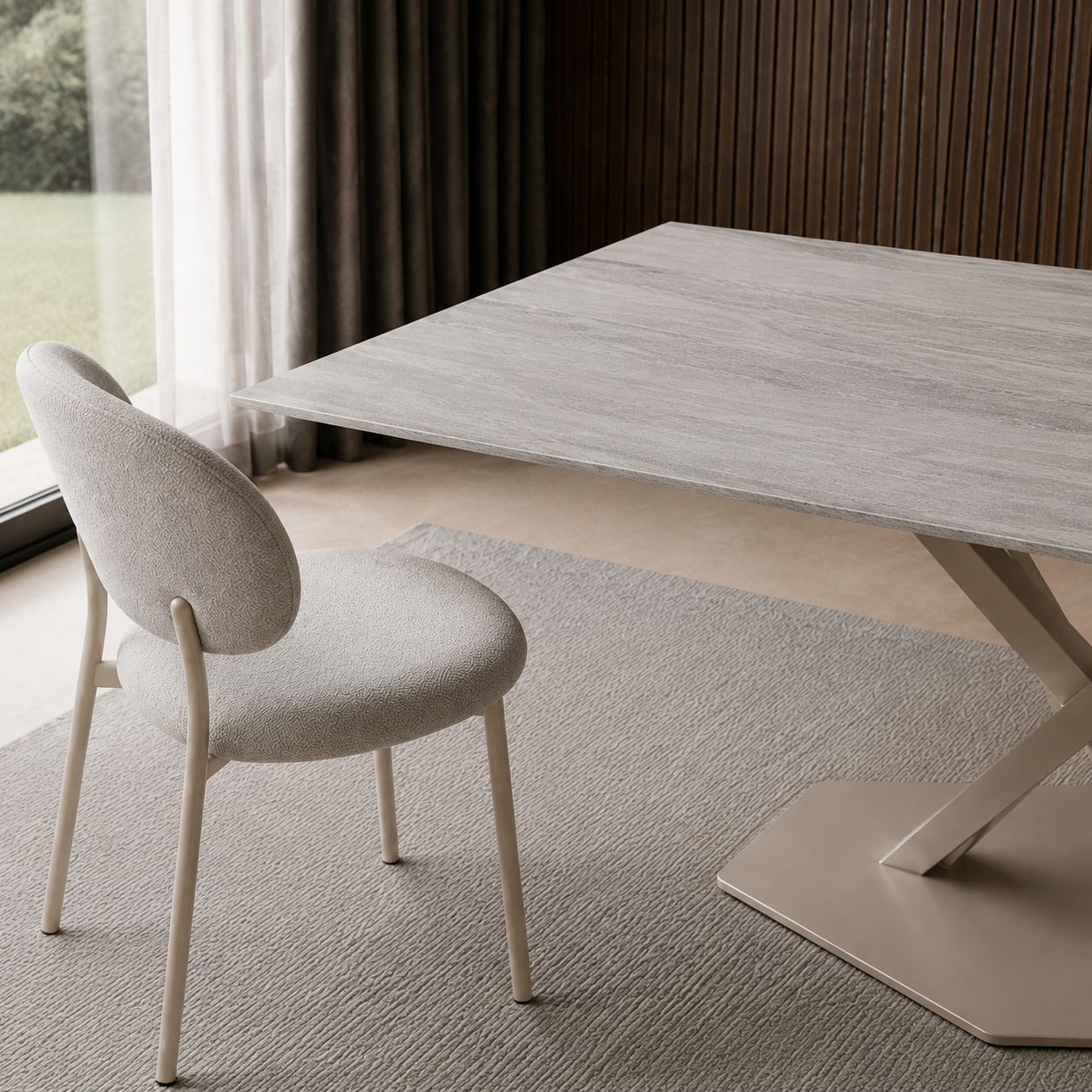 Primer plano de una silla junto a la esquina de la mesa Cross con terminación travertino.
