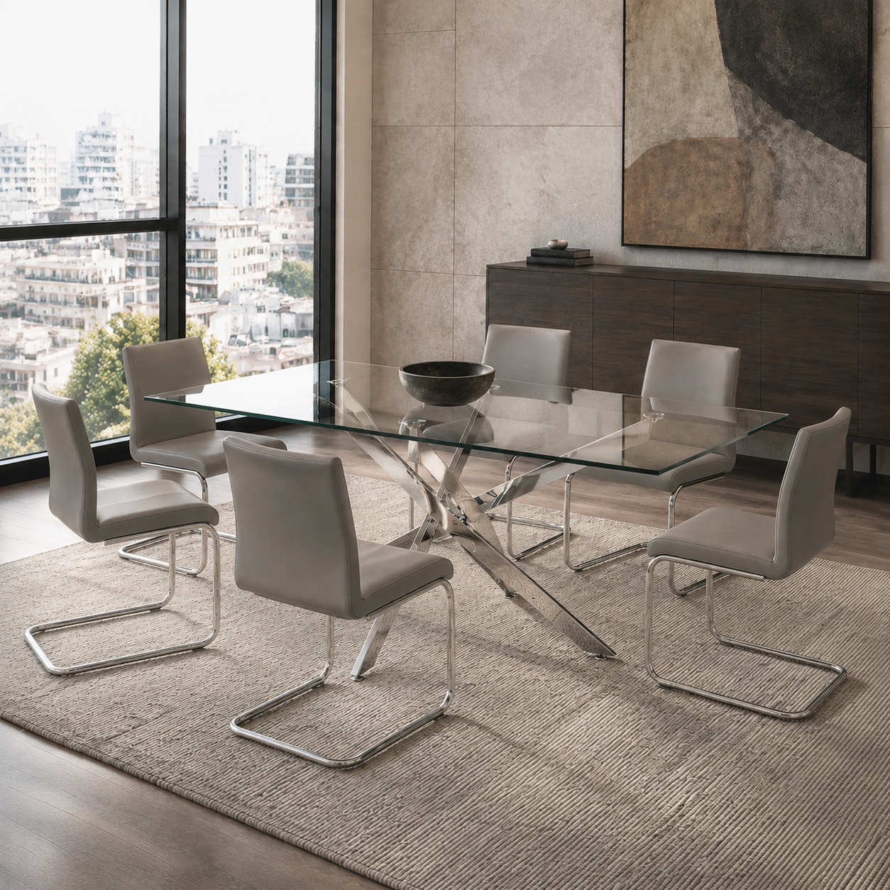 Comedor con Mesa Muna de 160x80 cm y sillas tapizadas frente a un ventanal de ciudad.