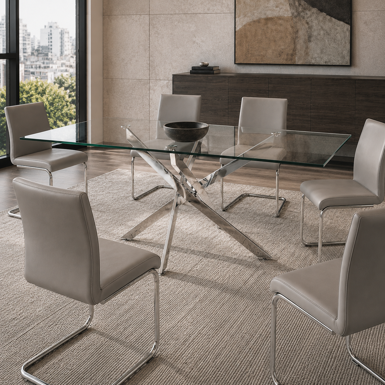 Mesa de comedor Muna con tapa transparente y base metálica rodeada de sillas minimalistas.