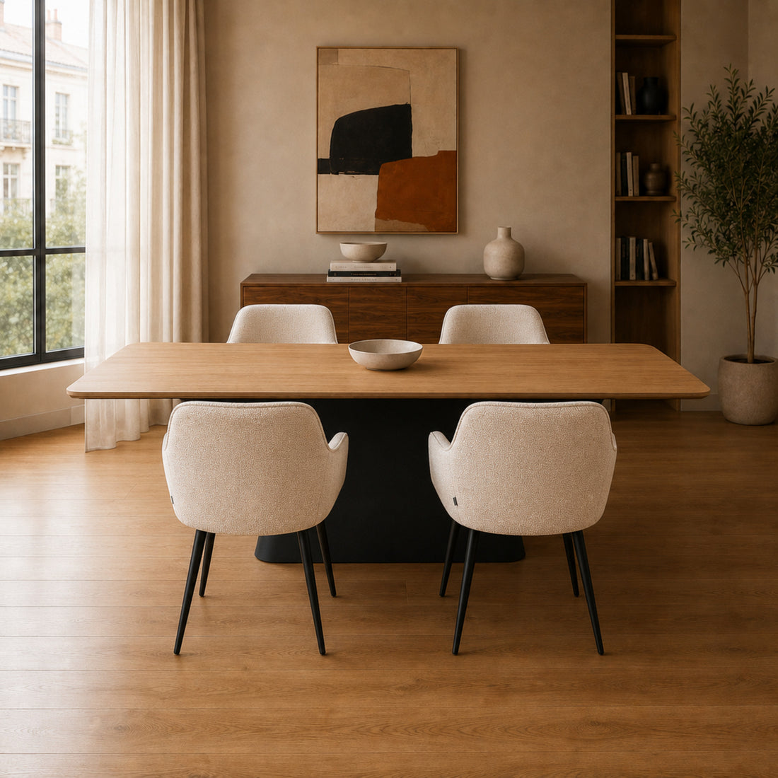 Cuatro sillas Selene beige con base negra dispuestas alrededor de una mesa de comedor de madera.