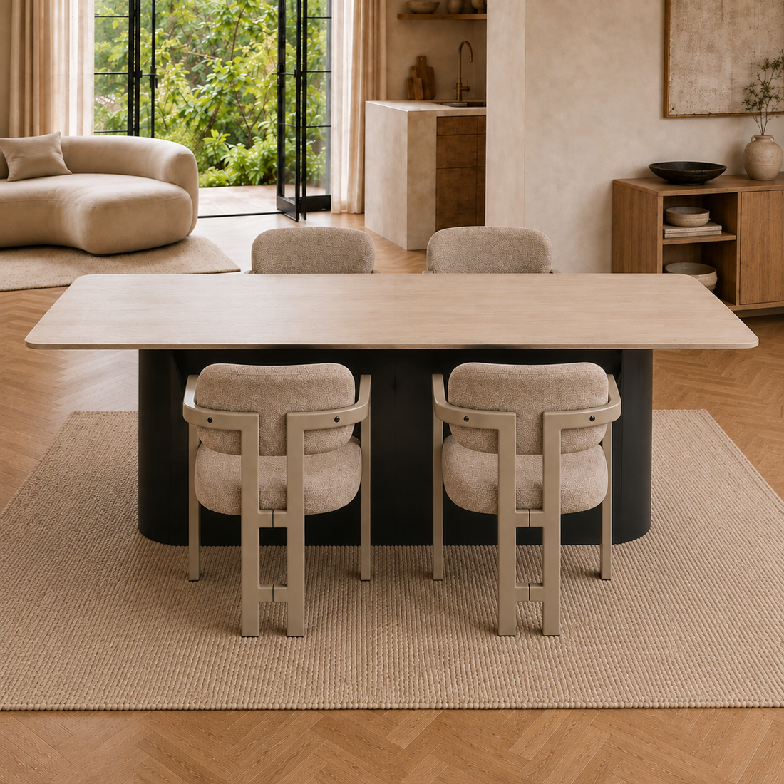 Juego de sillas Besaya gris claro dispuestas alrededor de una mesa de comedor rectangular.