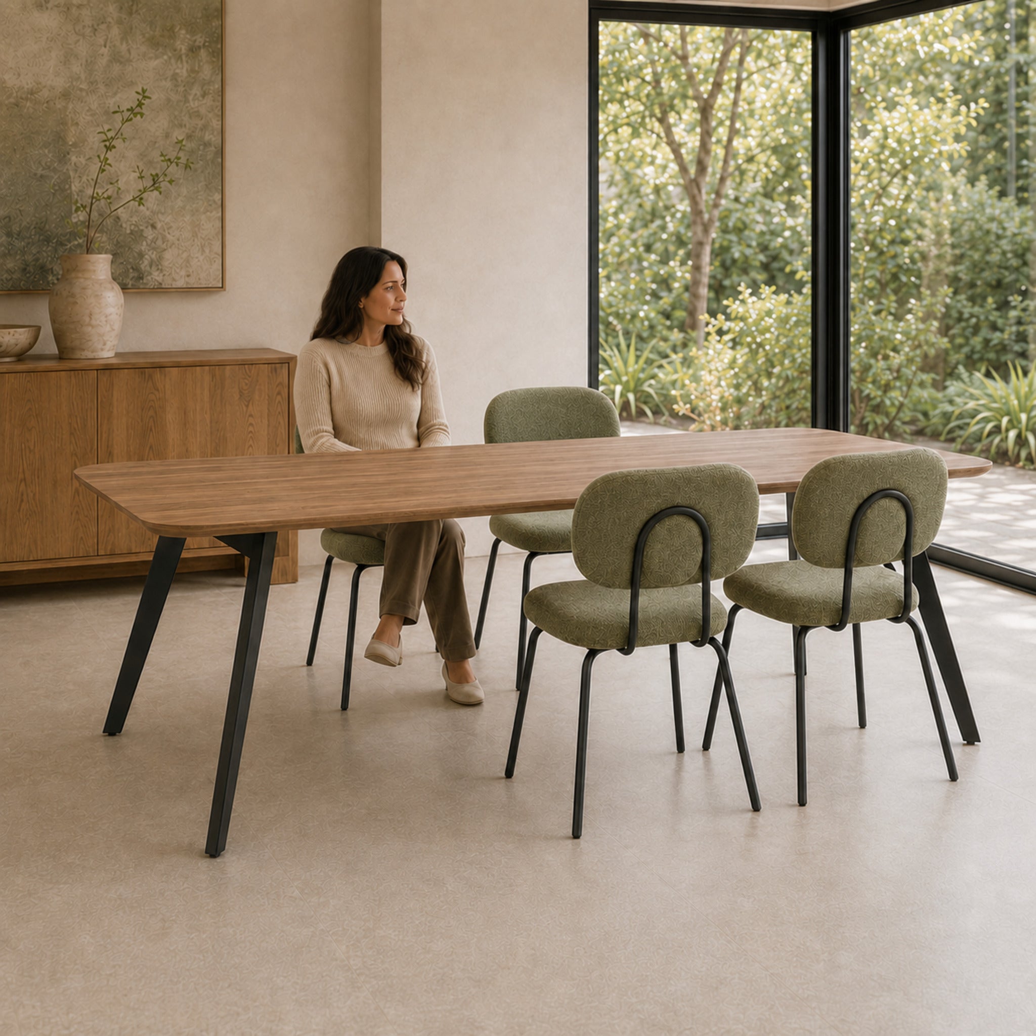 Silla Denver Chenille Verde Oliva Base Negra