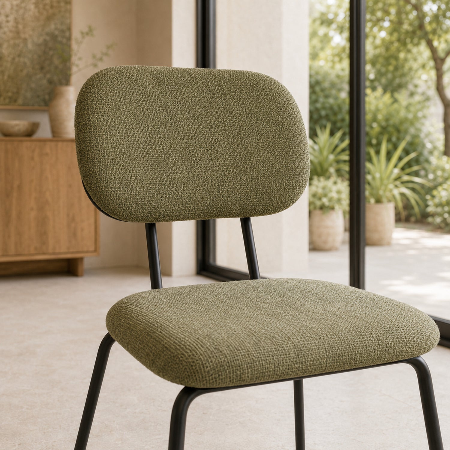 Silla Denver Chenille Verde Oliva Base Negra