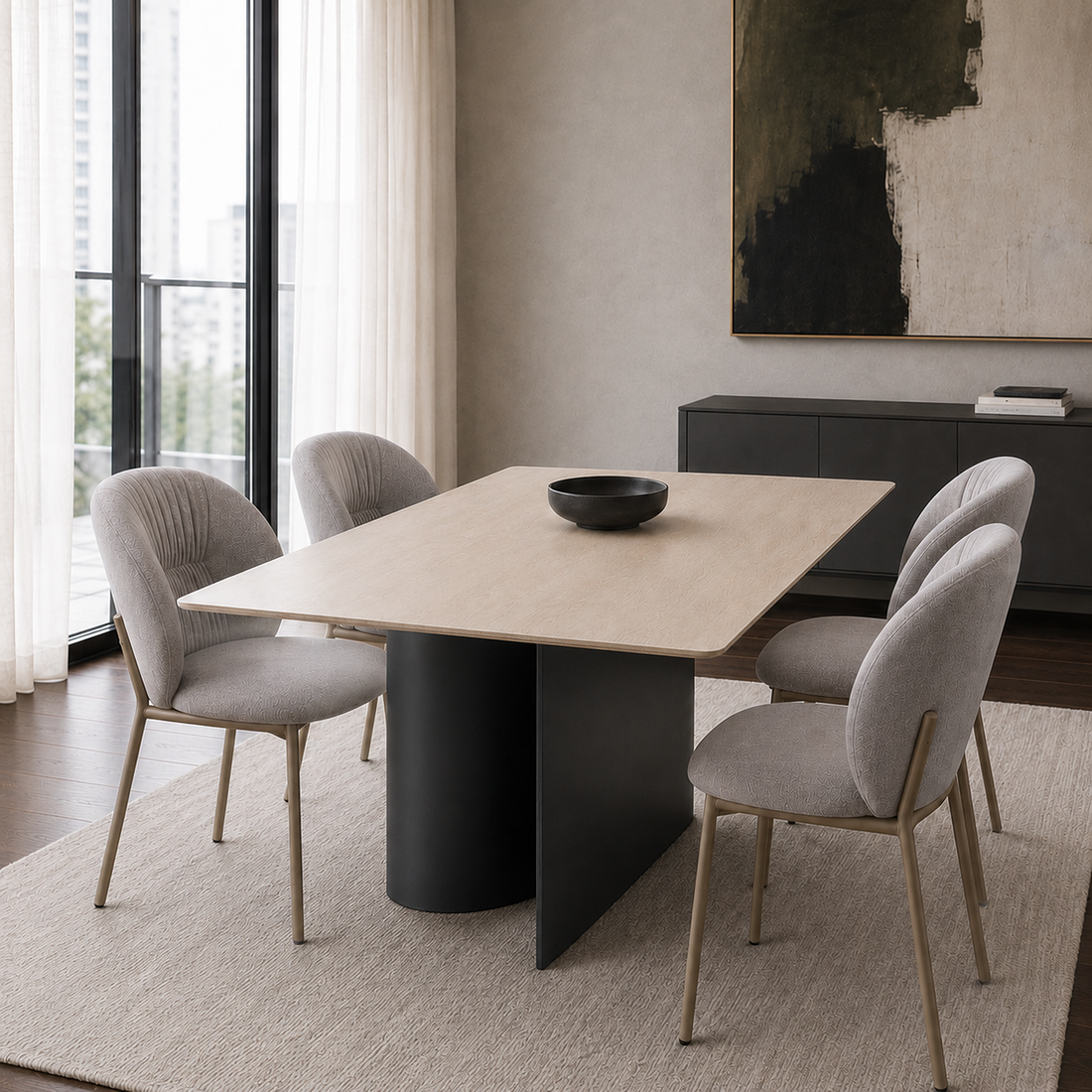 Sillas Bristol en chenille gris dispuestas alrededor de una mesa de comedor de madera en un ambiente moderno.
