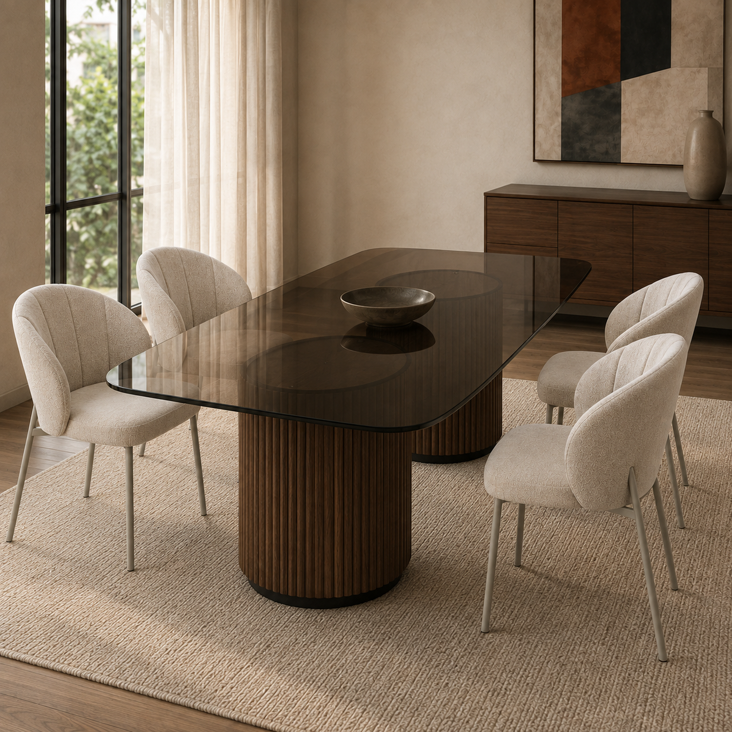Sillas Dublin en chenille gris dispuestas alrededor de una mesa de comedor, resaltando su diseño moderno y elegante.