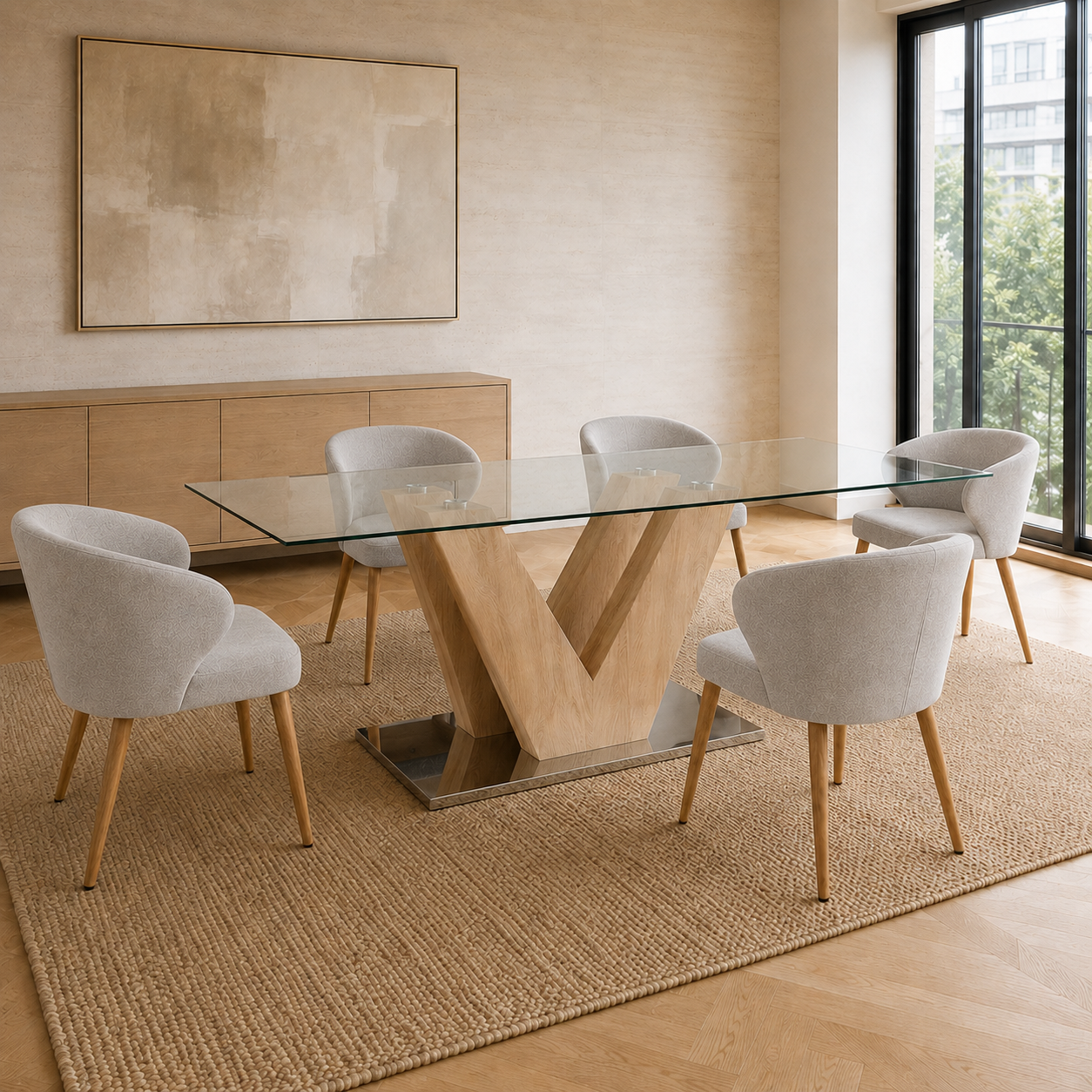 Mesa Ámbar con base natural y tapa de vidrio transparente en un ambiente social amplio y luminoso.