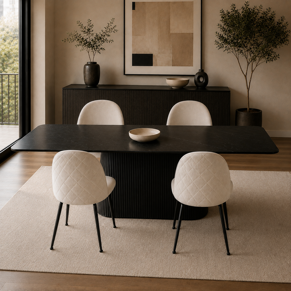 Cuatro sillas Venecia Matelassé Beige dispuestas alrededor de una mesa de comedor negra en un ambiente moderno.