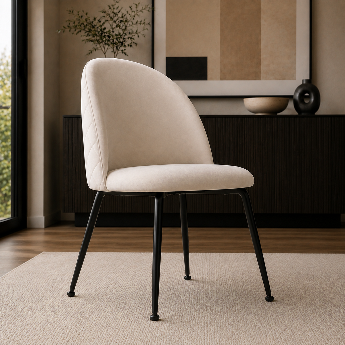 Silla Venecia Matelassé Beige con patas metálicas negras, vista frontal de cuerpo completo.