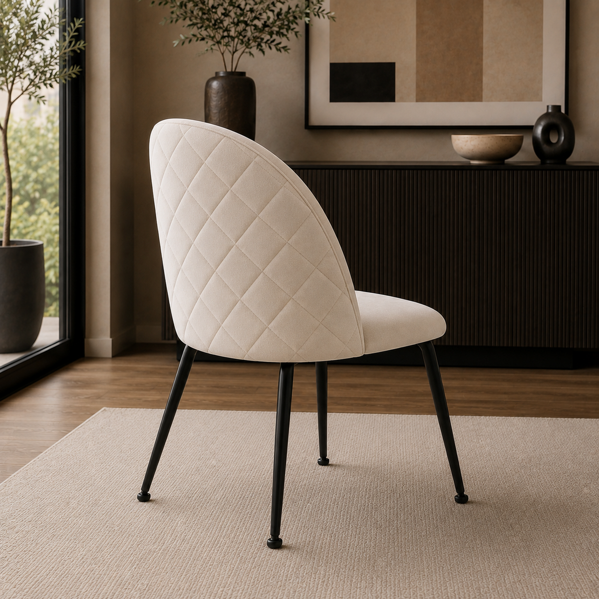 Respaldo de la silla Venecia con costuras tipo matelassé en pana beige y estructura negra, vista posterior.