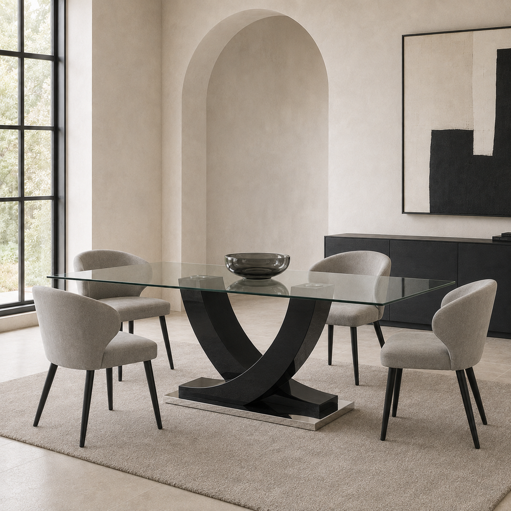 Mesa Calia con tapa de vidrio templado biselado y base central compacta en color negro para comedor.