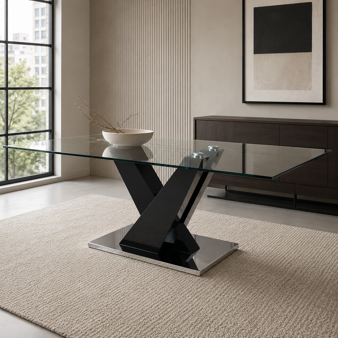 Mesa Kavi con tapa de vidrio rectangular y base central en madera laqueada negra brillante sobre alfombra clara.