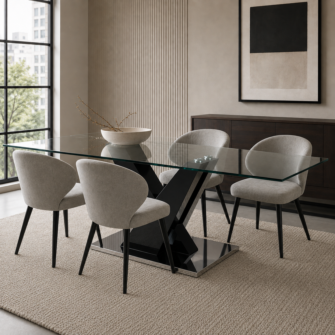 Mesa de comedor Kavi con tapa de vidrio y base negra, ambientada con cuatro sillas tapizadas en color gris.