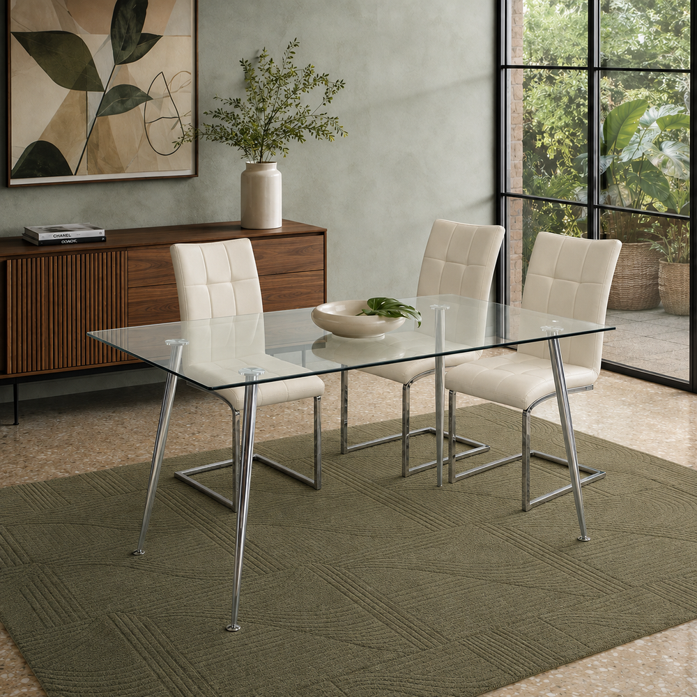 Mesa Lurea de diseño contemporáneo con superficie de vidrio transparente y patas cilíndricas cromadas.