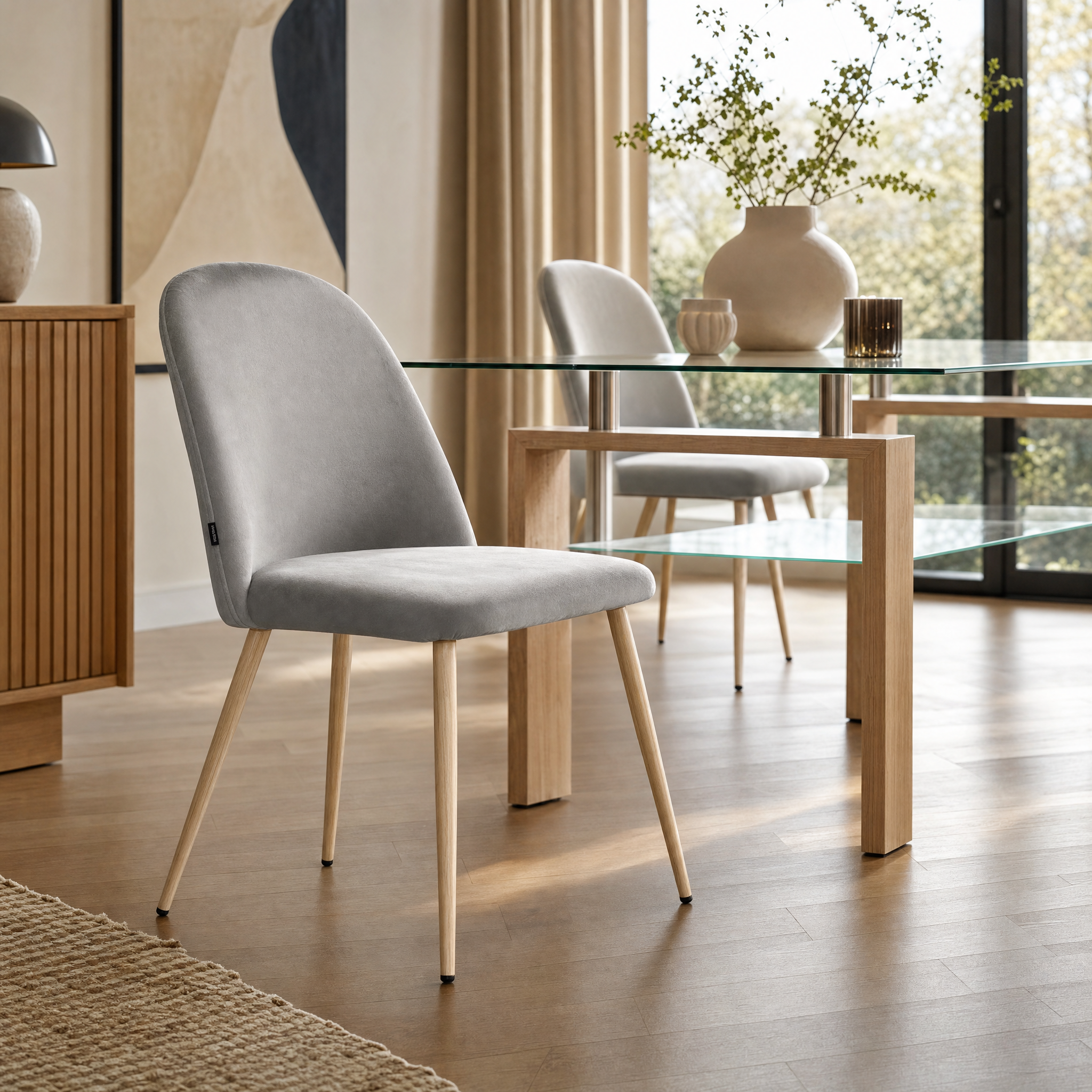 Silla Livia Lisa Gris Claro Pana Base Natural