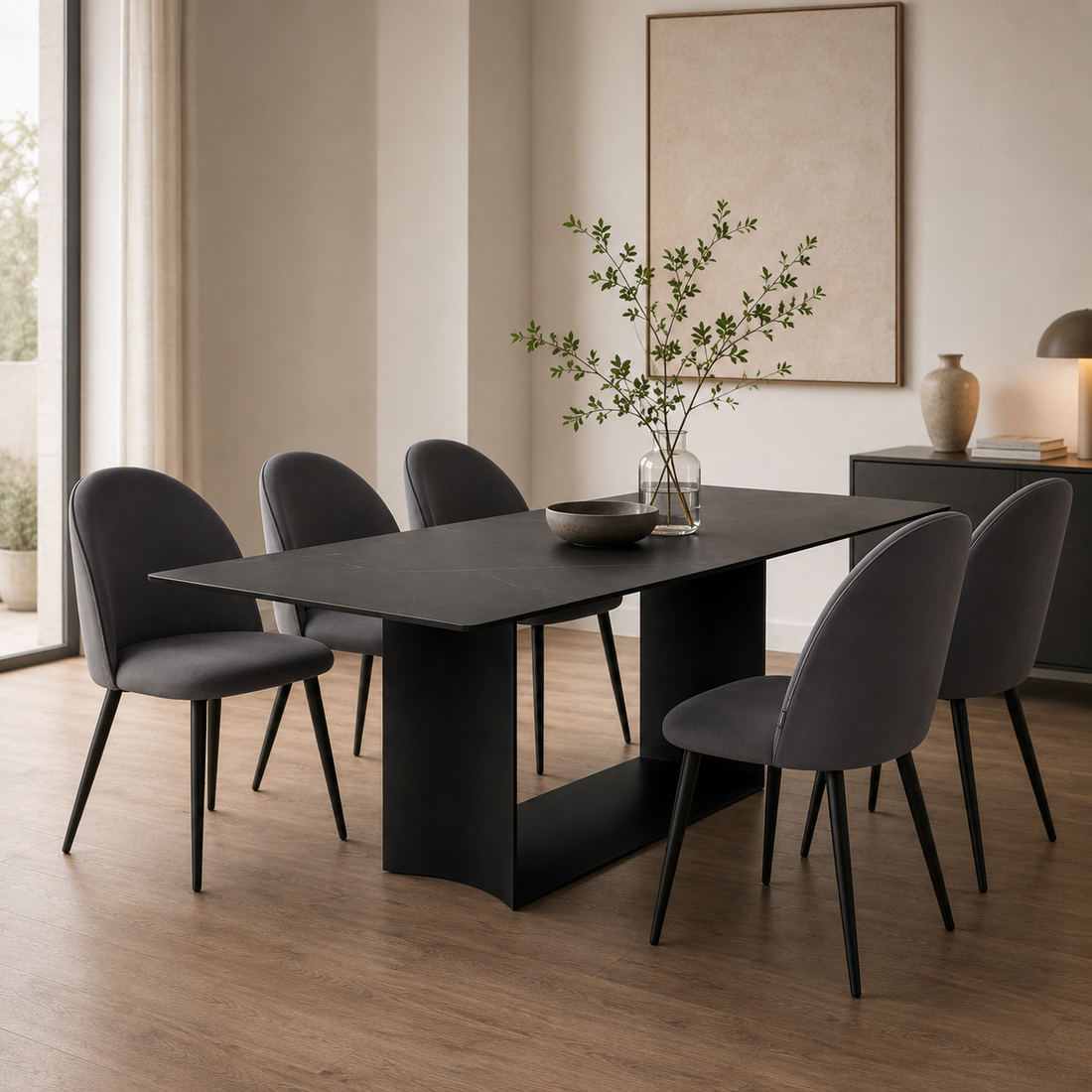 Silla Livia Lisa Gris Oscuro Pana Base Negra