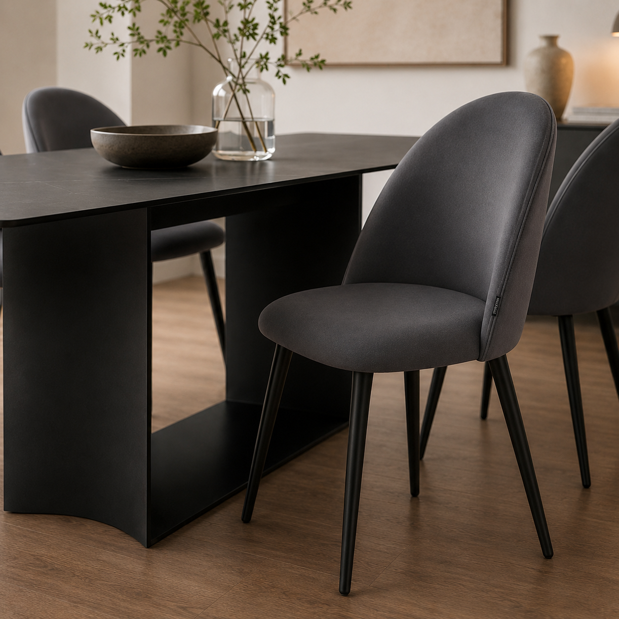 Silla Livia Lisa Gris Oscuro Pana Base Negra