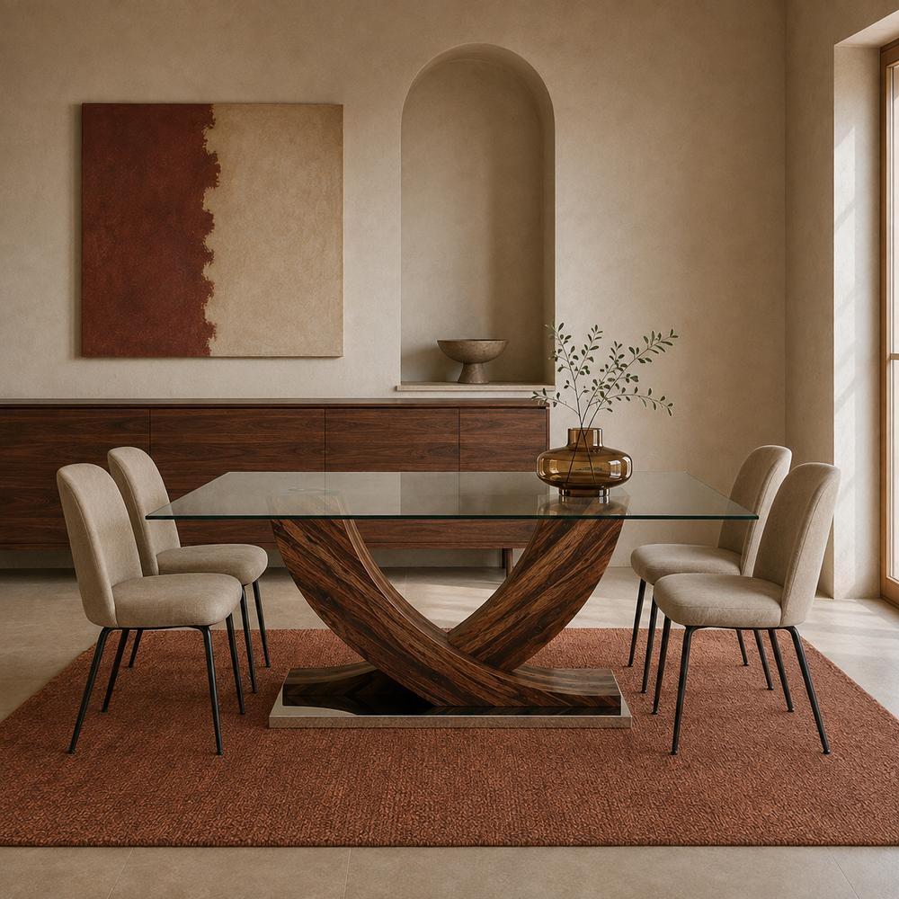 Mesa Calia de vidrio y base curva walnut en un ambiente de comedor con sillas de tono neutro y alfombra.