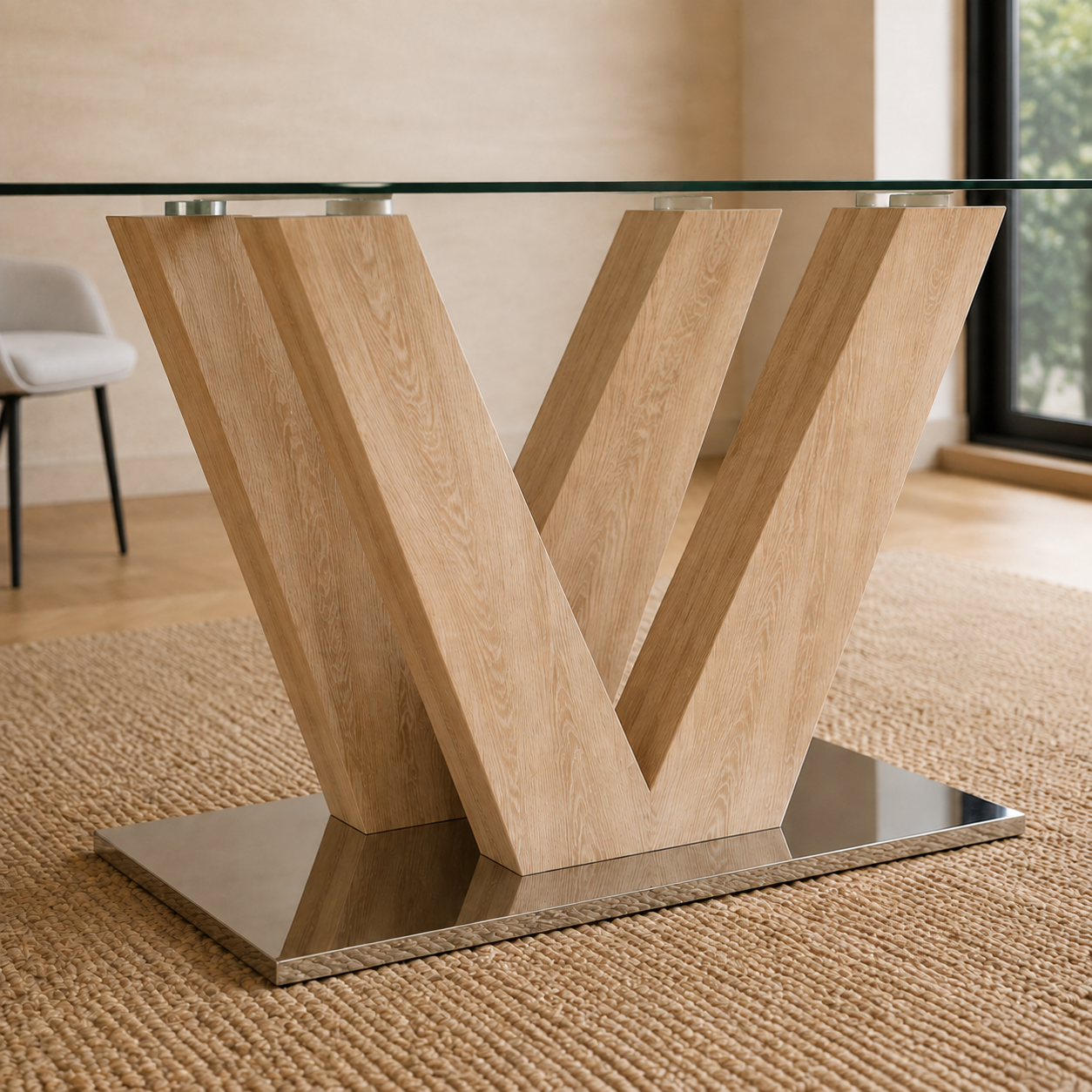 Primer plano de la base de madera en tono natural con forma geométrica y zócalo de metal cromado de la Mesa Ámbar.
