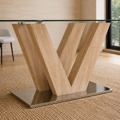 Primer plano de la base de madera en tono natural con forma geométrica y zócalo de metal cromado de la Mesa Ámbar.