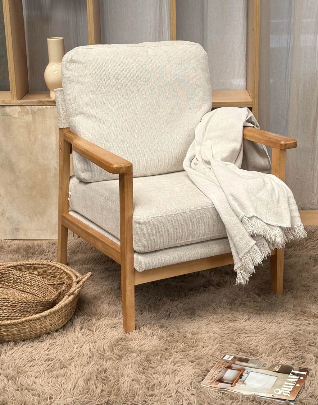 Sillón Niko Chenille Beige Base Natural