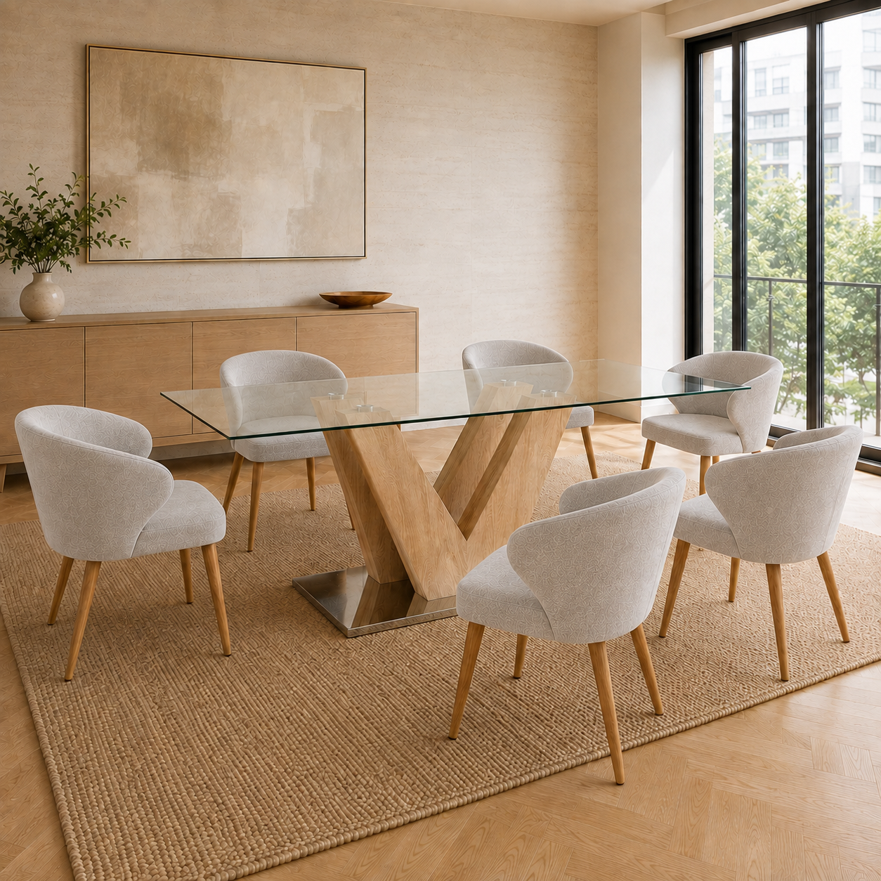 Mesa Ámbar de vidrio y base natural acompañada por seis sillas tapizadas en un ambiente de diseño contemporáneo.