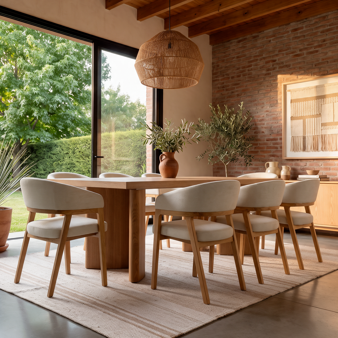 Mesa Arezzo Natural ambientada con sillas claras; las sillas no están incluidas.