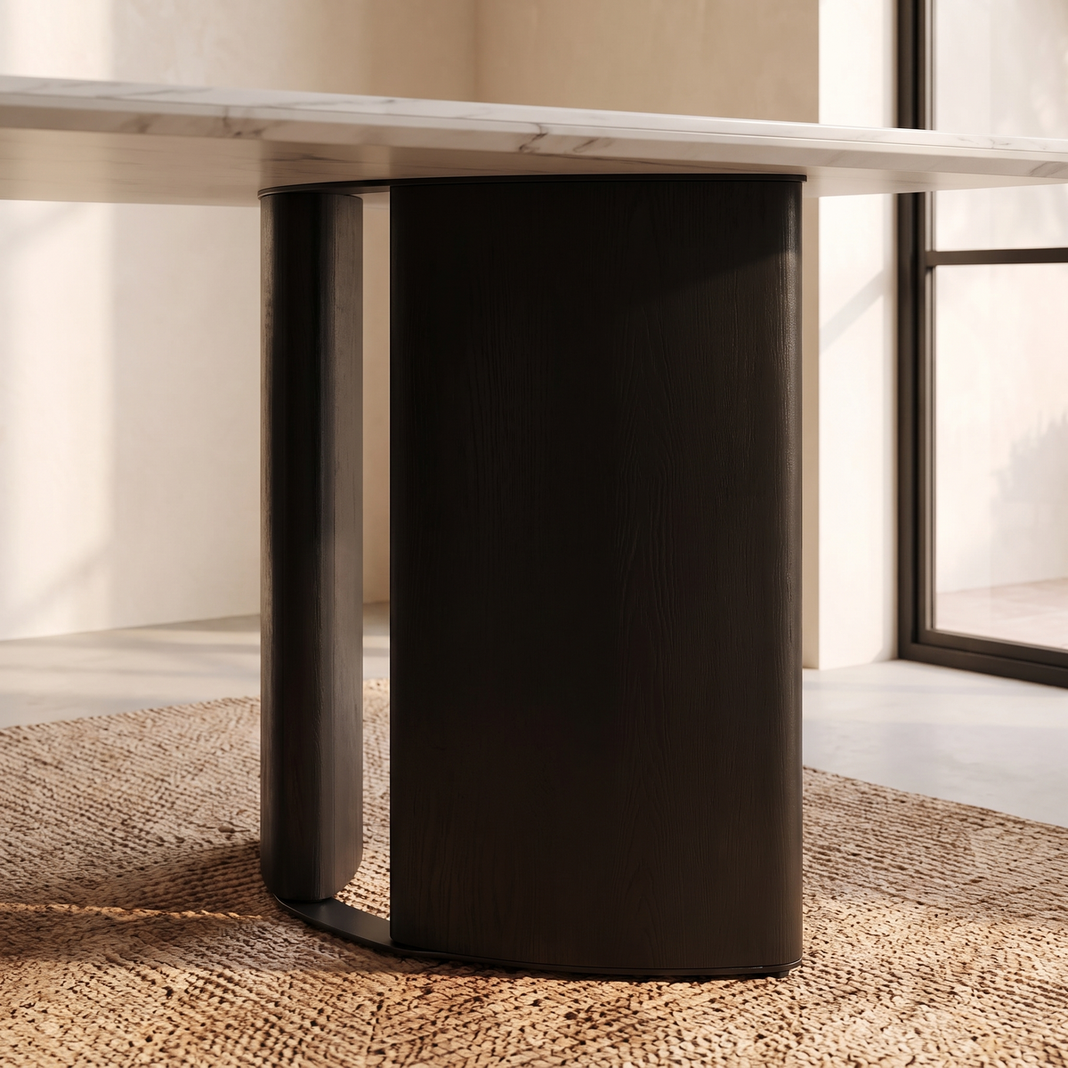 Detalle de la base curva de roble de Malasia con acabado negro de la Mesa Bellagio.