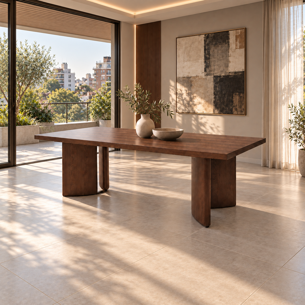 Mesa Arezzo rectangular de MDF enchapado en fresno, con acabado nogal marrón y base curva.