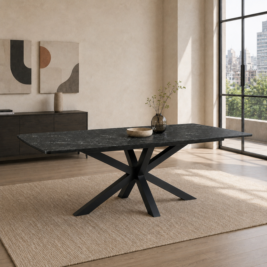 Mesa Turín Neo Black Marquina con tapa de piedra sinterizada y base de hierro negra en un comedor moderno.