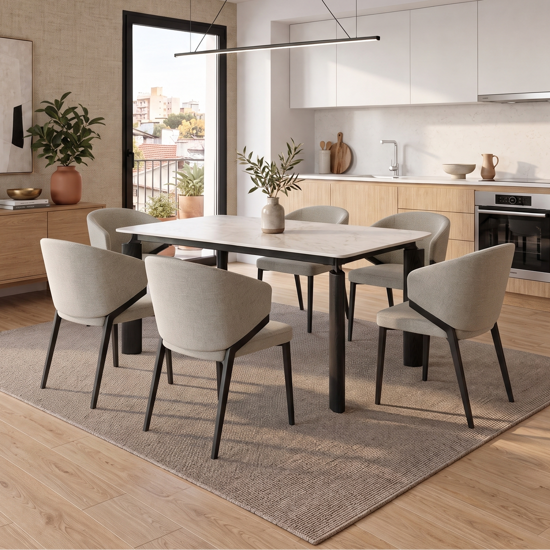 Mesa Ravello Blanco Piny Base Negra en conjunto con sillas; sillas no incluidas.