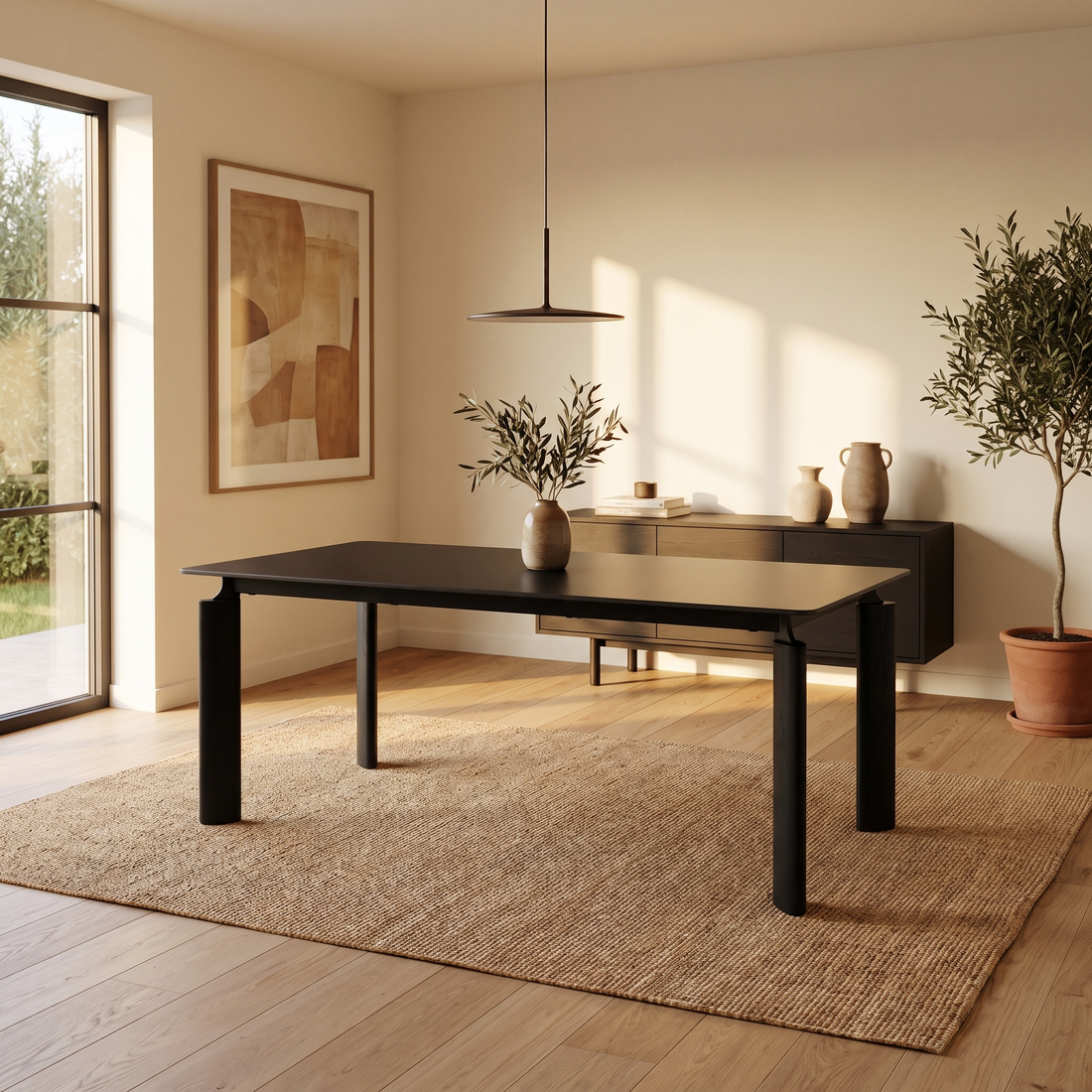 Mesa Ravello Negra con tapa rectangular de piedra y base negra en un comedor.