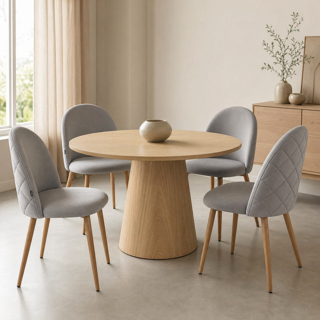 Silla Livia Matelasse gris claro de pana con base natural junto a Mesa Ewan madera natural en comedor moderno Zagliari