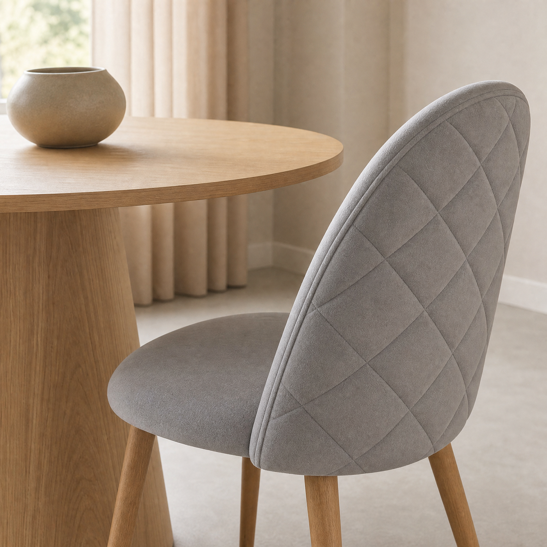 Detalle del respaldo matelasseado de la Silla Livia gris claro de pana con Mesa Ewan madera natural de fondo