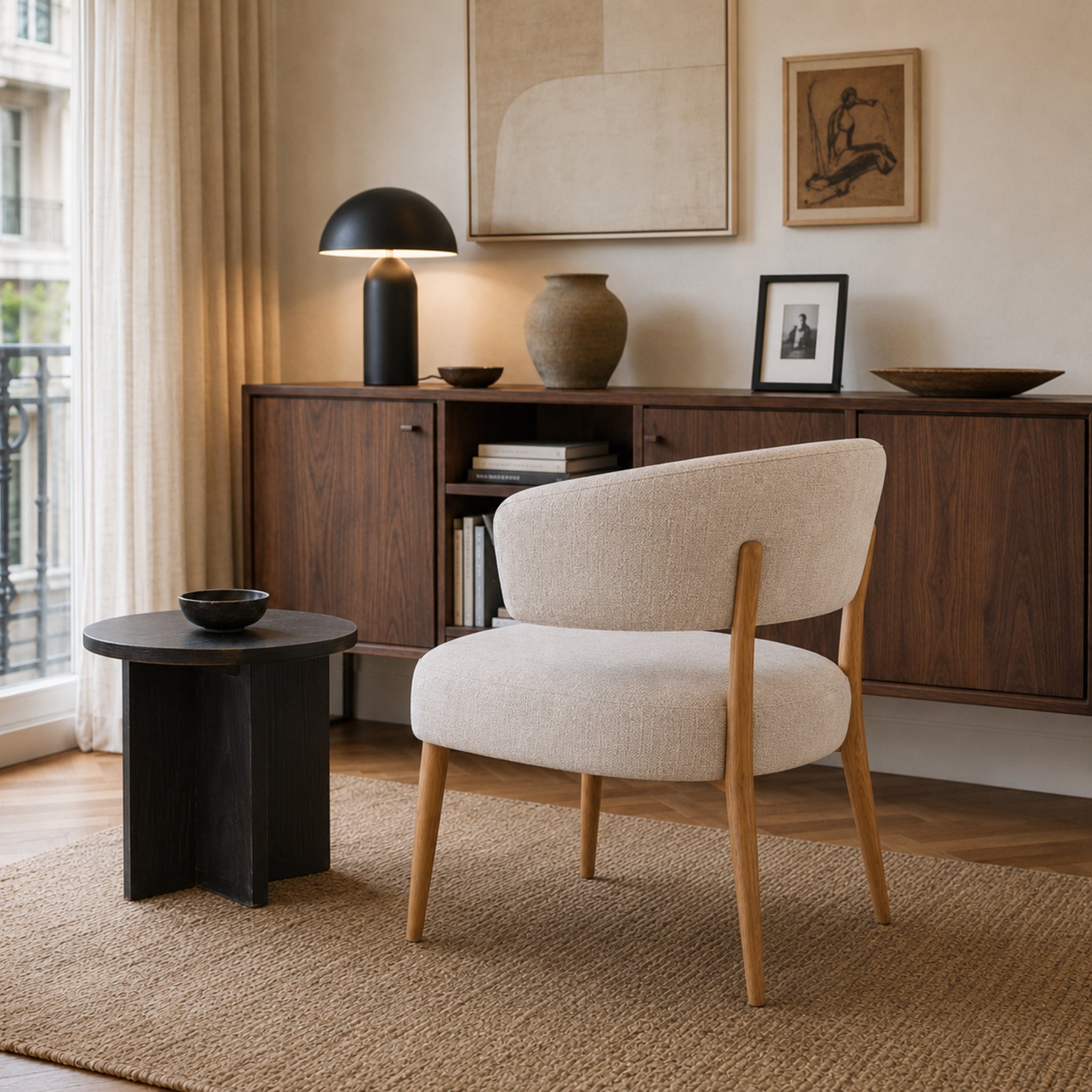 Sillón Bondie Chenille Beige Base Natural
