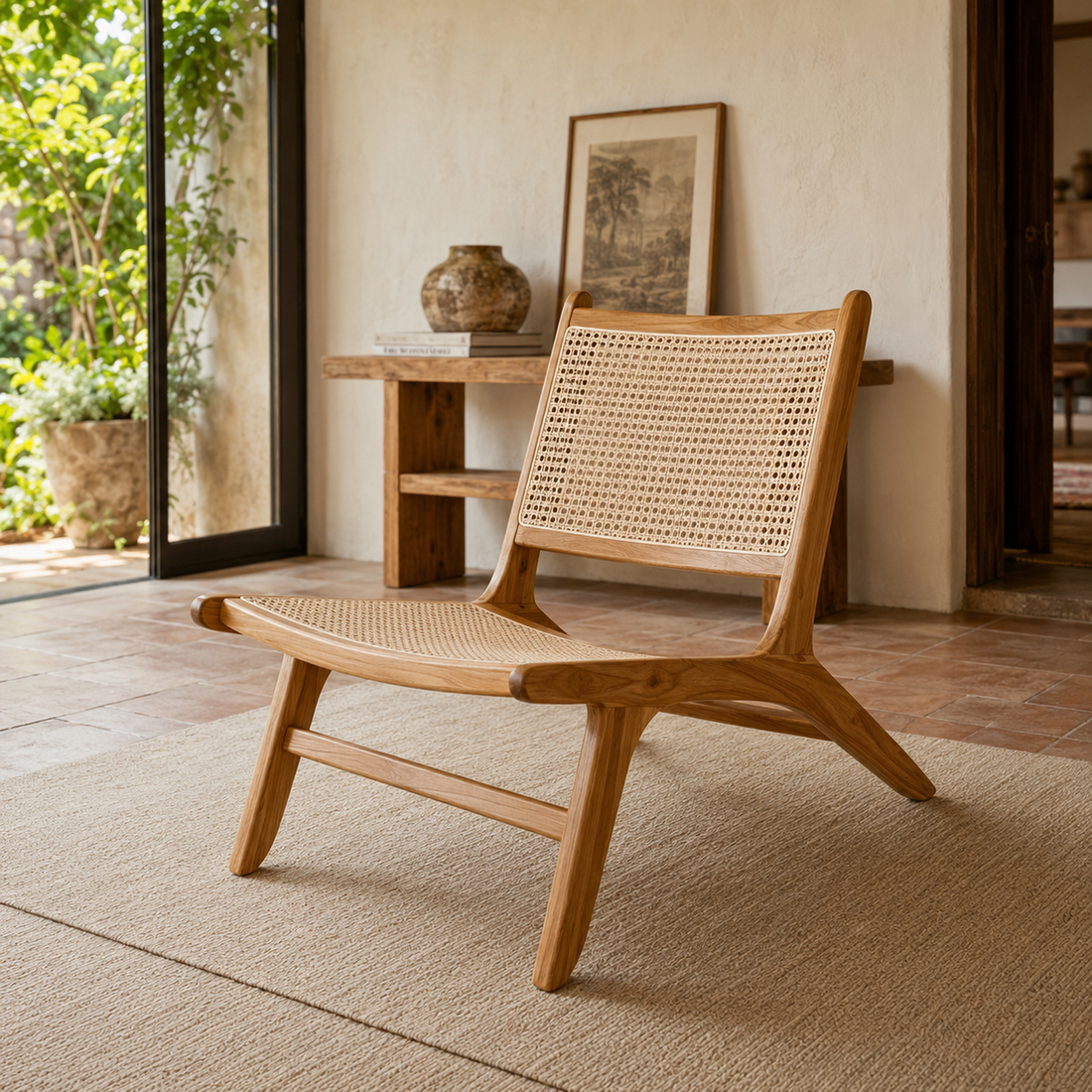 Sillón Ona Teka de madera laqueada y esterilla natural sin apoyabrazos en vista de tres cuartos sobre una alfombra.