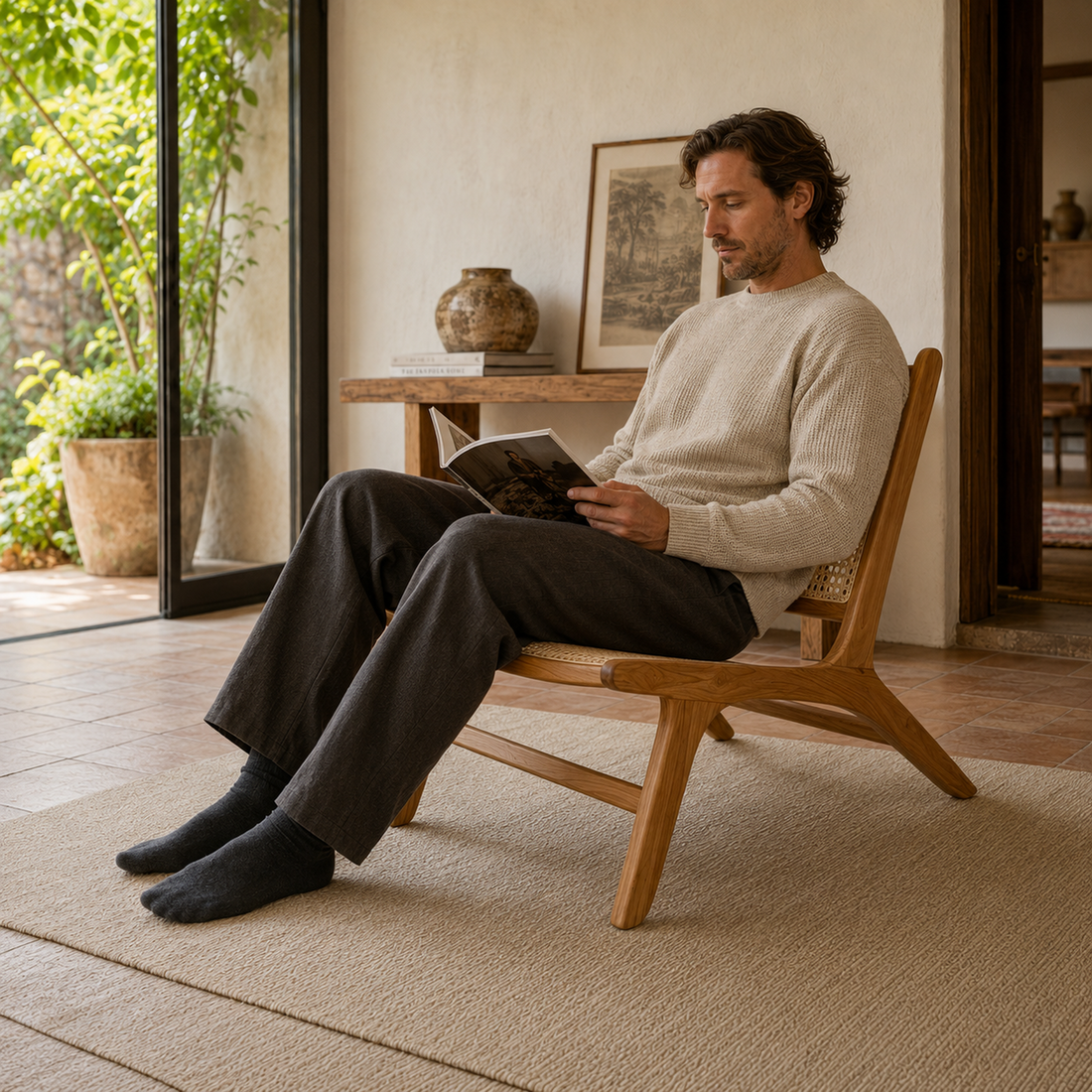 Hombre sentado en el Sillón Ona Teka de madera y esterilla natural mientras lee un libro en un ambiente de living.