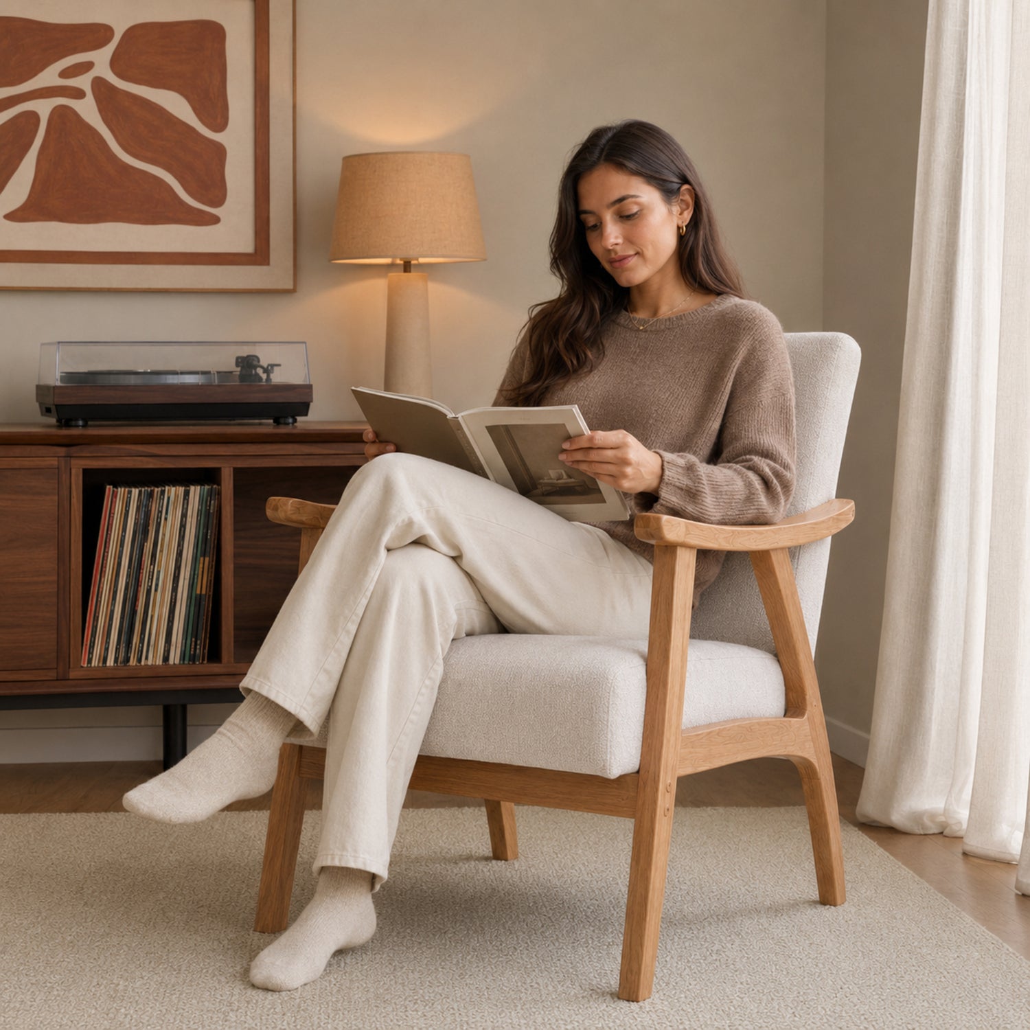 Sillón Laurel Chenille Beige Base Natural