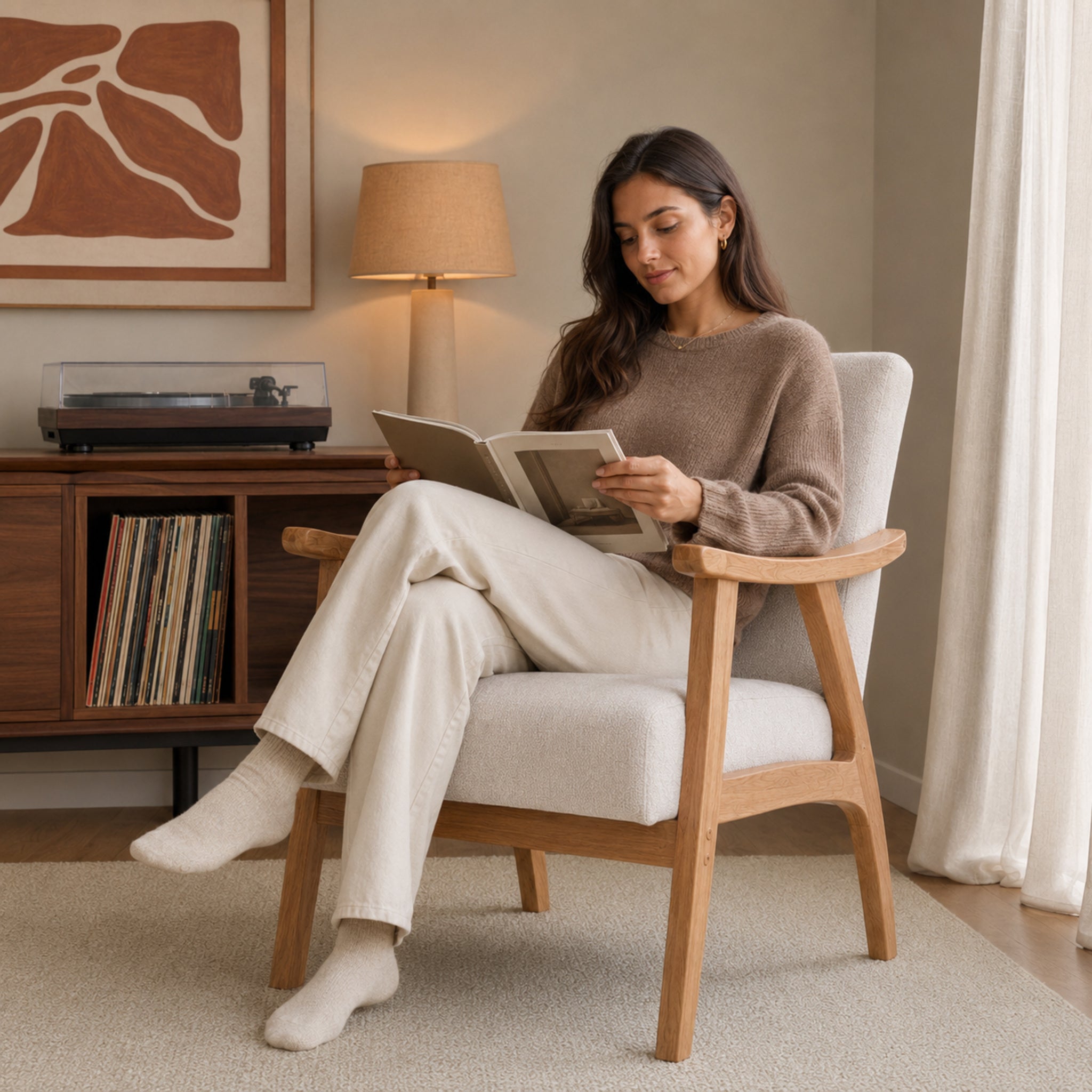 Sillón Laurel Chenille Beige Base Natural