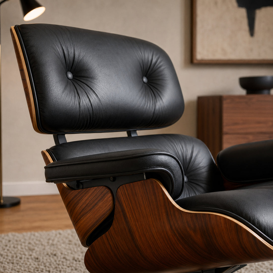 Primer plano del tapizado negro y la veta de madera RoseWood en el respaldo del sillón Lyra de diseño.