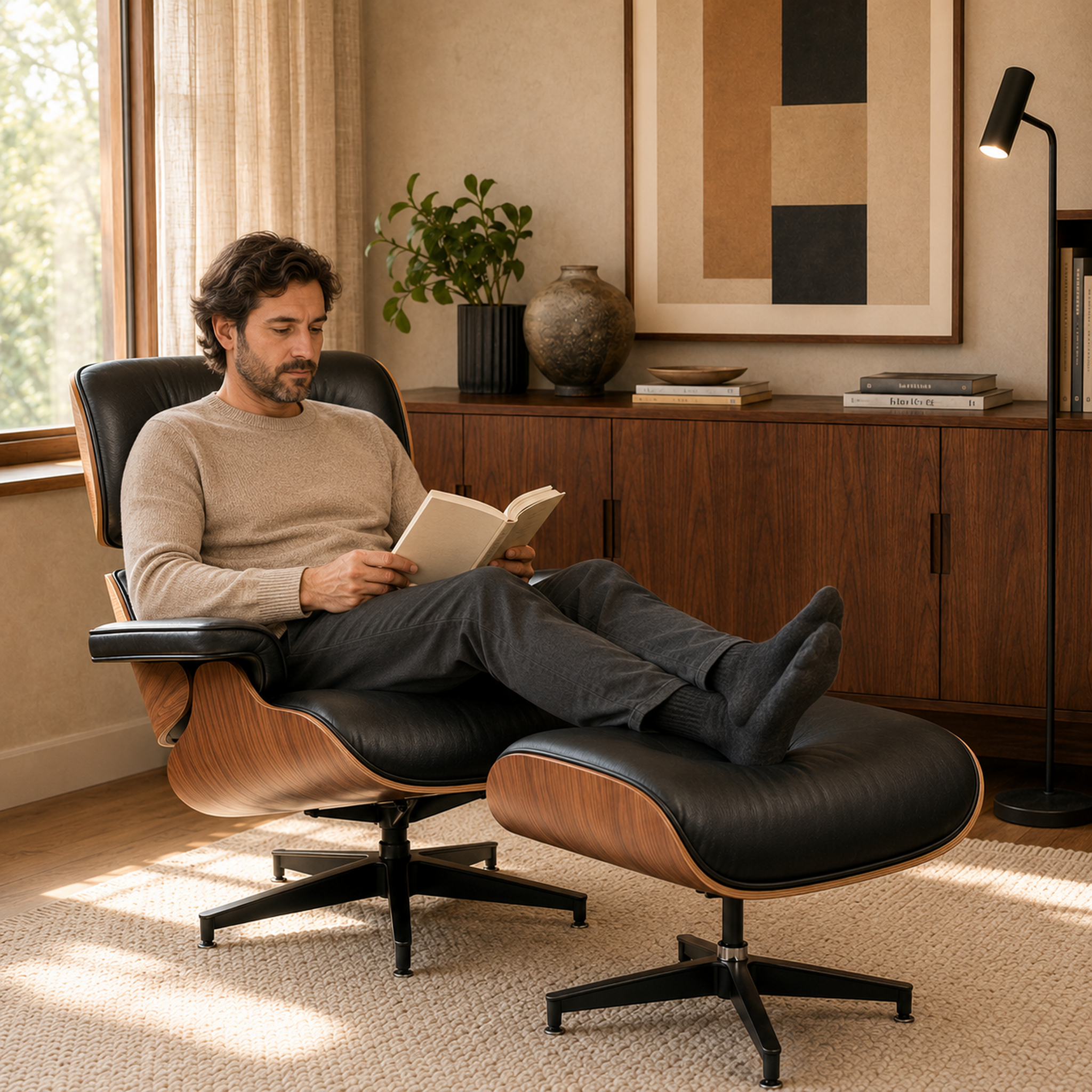 Sillón Lyra Walnut &amp; Black +  Ottomano