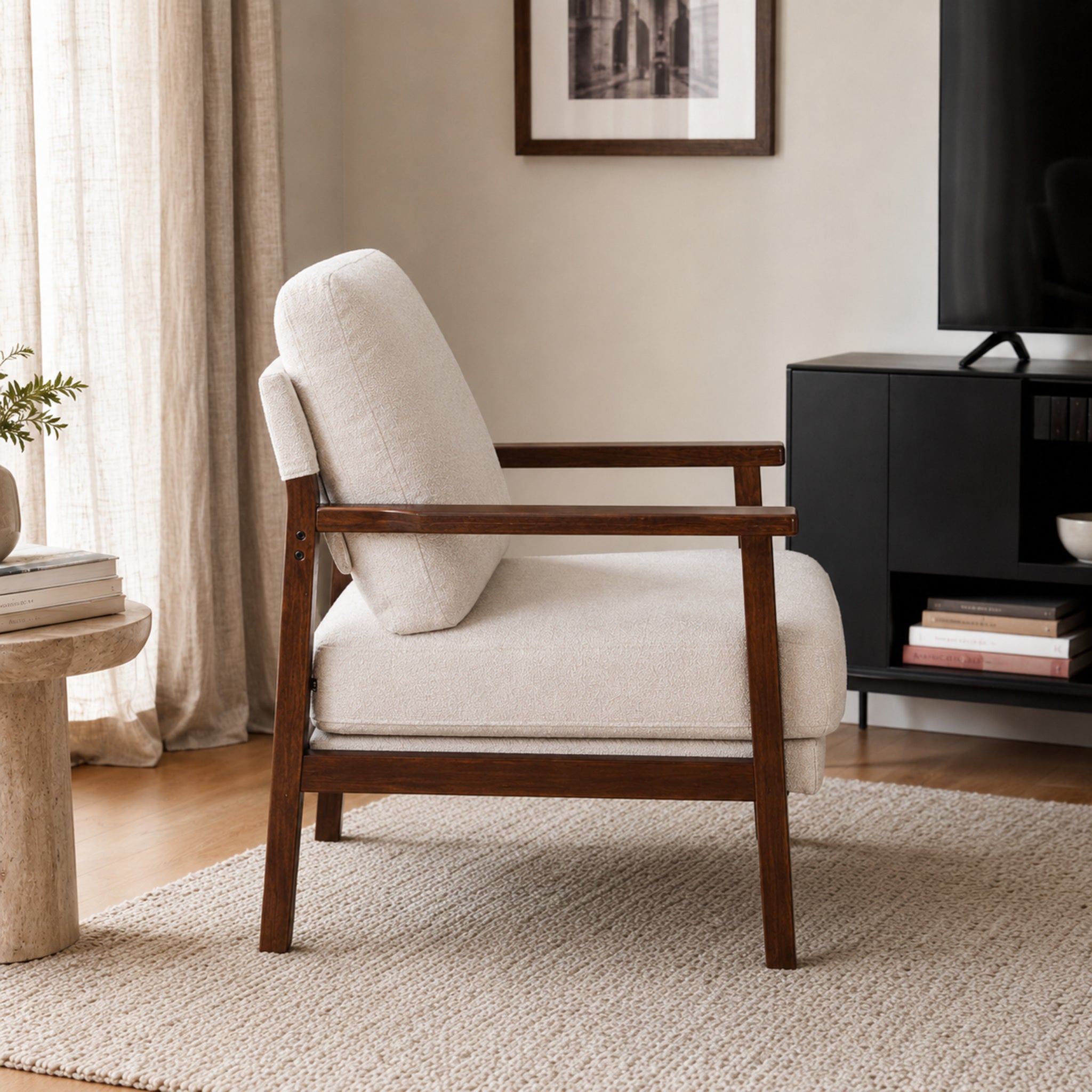 Sillón Niko Chenille Beige Base Walnut