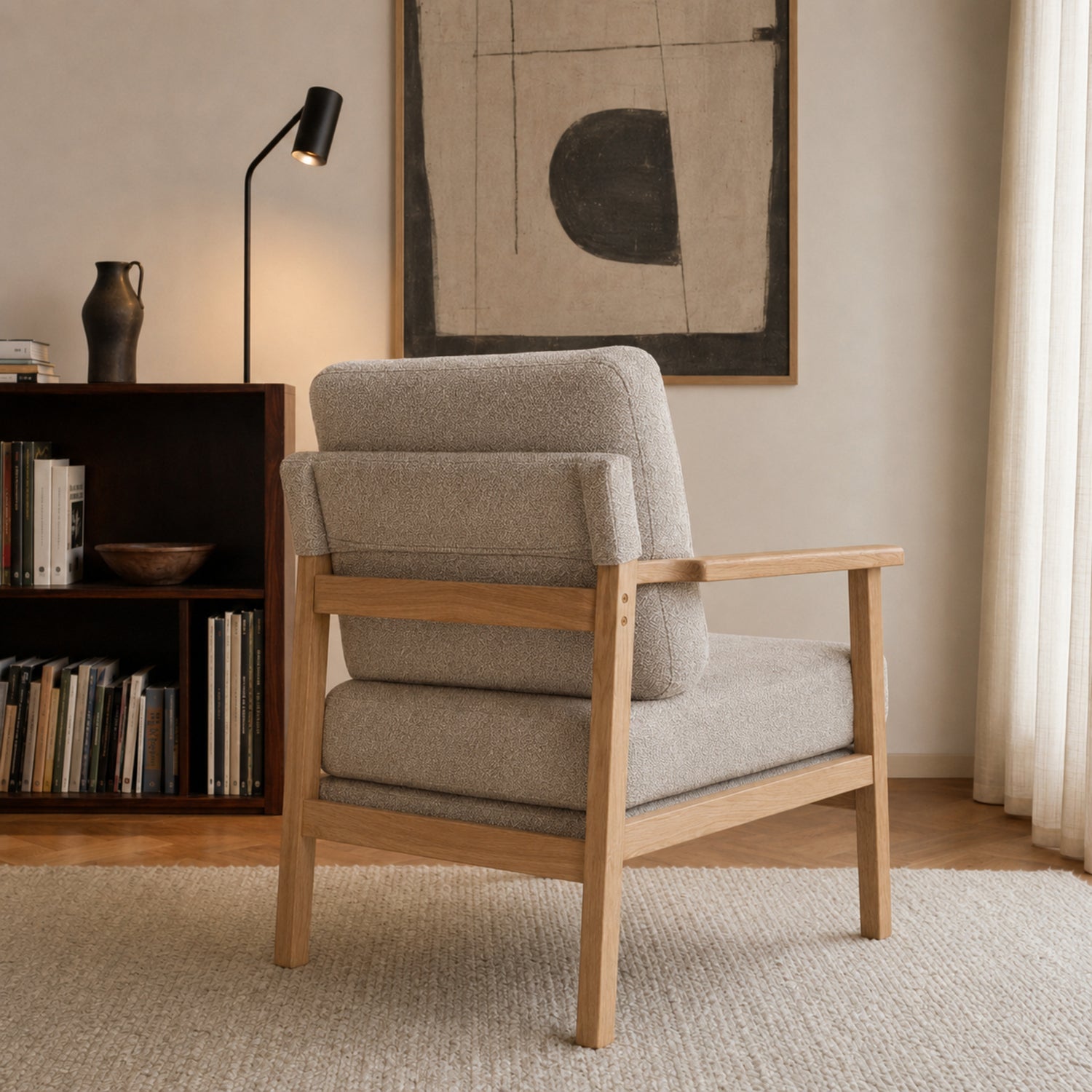 Sillón Niko Chenille Taupe Base Natural