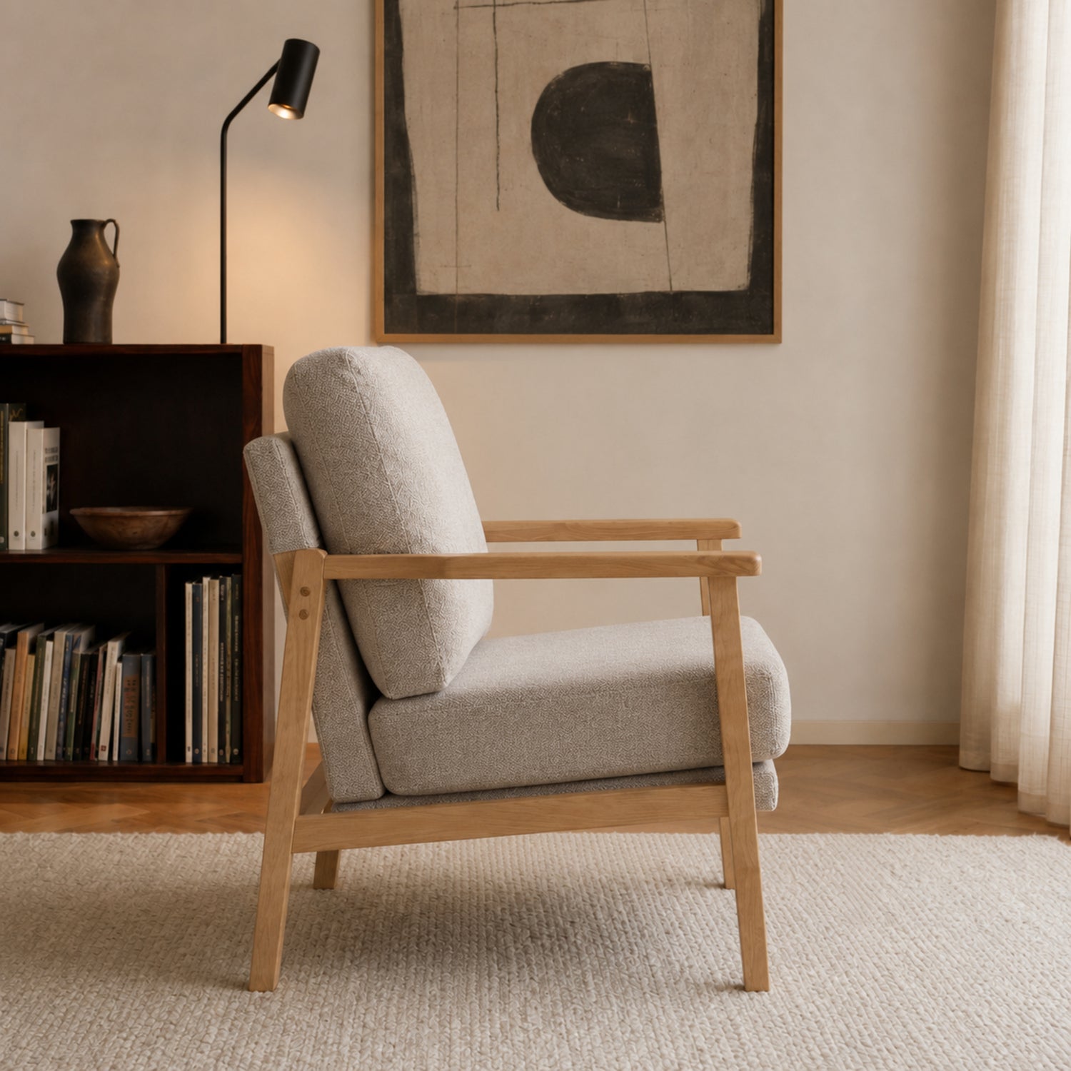 Sillón Niko Chenille Taupe Base Natural